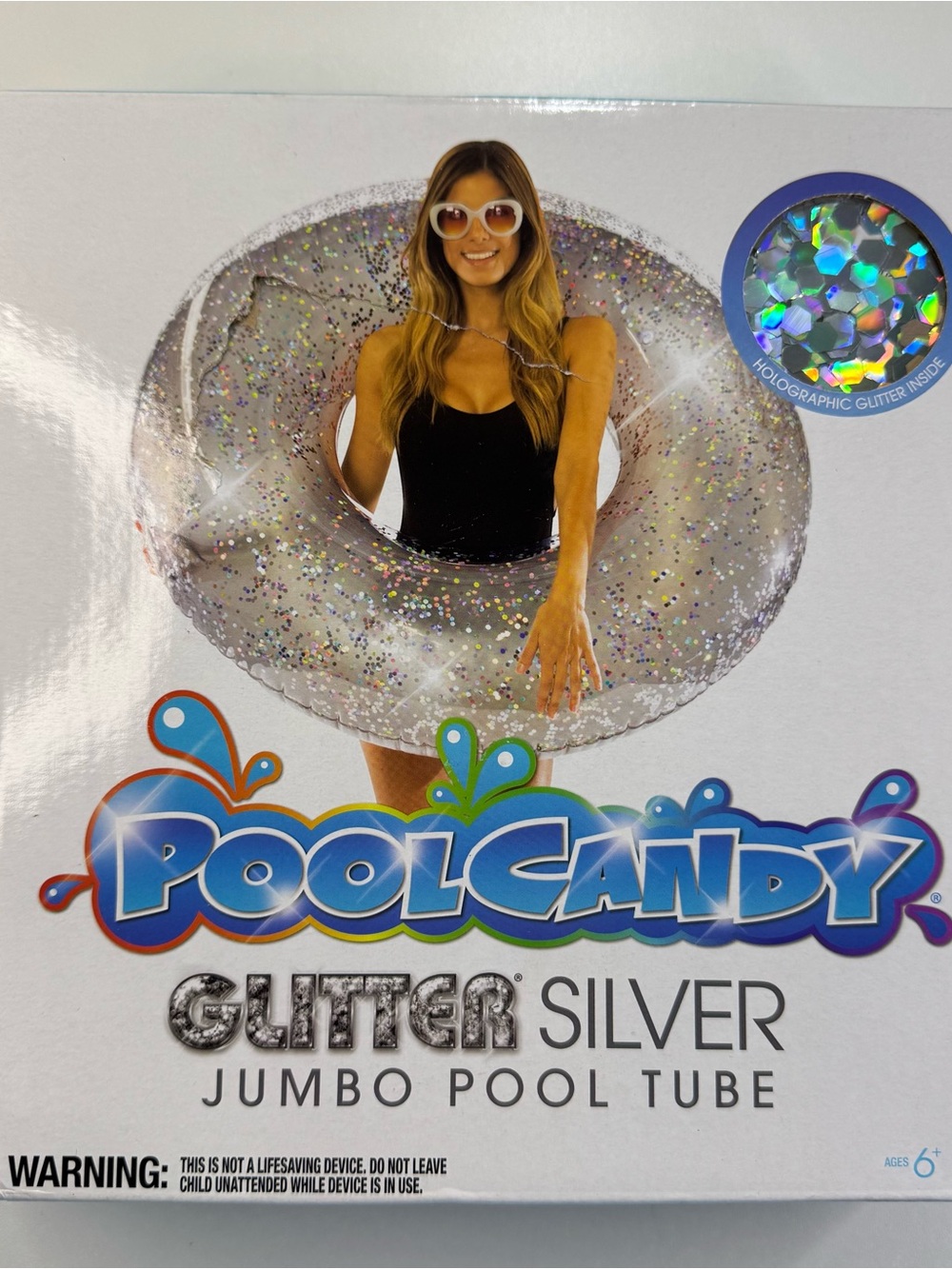 Pool Candy Inflatable 48 Inch Holographic Silver Glitter Jumbo Pool Tube Float
